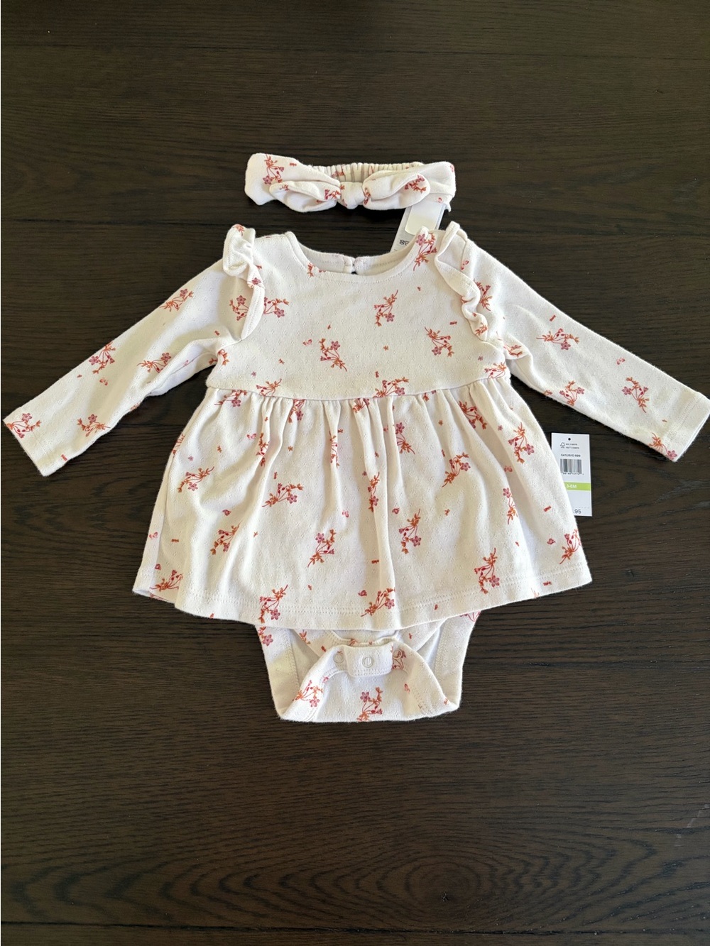 GAP Cream Floral Long-Sleeve Baby Dress Bodysuit with Headband